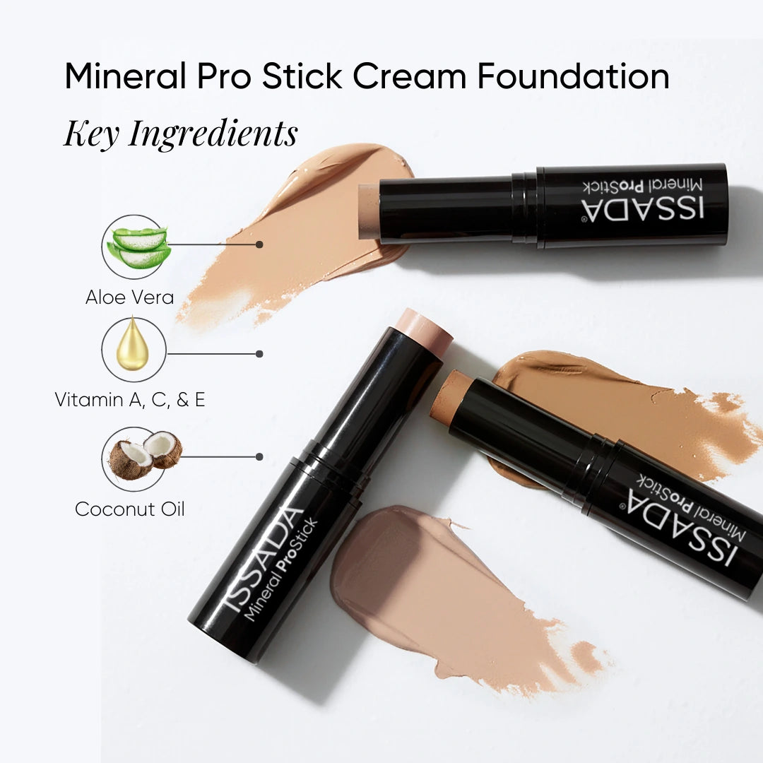 ISSADA Mineral ProStick cream foundation with aloe vera vitamin A C E and coconut oil key ingredients