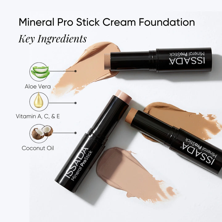 ISSADA Mineral ProStick cream foundation with aloe vera vitamin A C E and coconut oil key ingredients