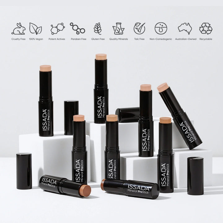 ISSADA Mineral ProStick mineral cream foundation sticks displayed in full shade range