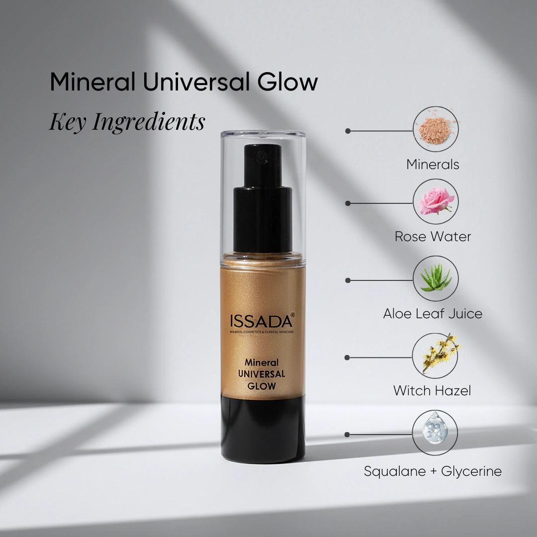 ISSADA Mineral Universal Glow illuminating cream highlighting key ingredients minerals rose water aloe witch hazel squalane and glycerine