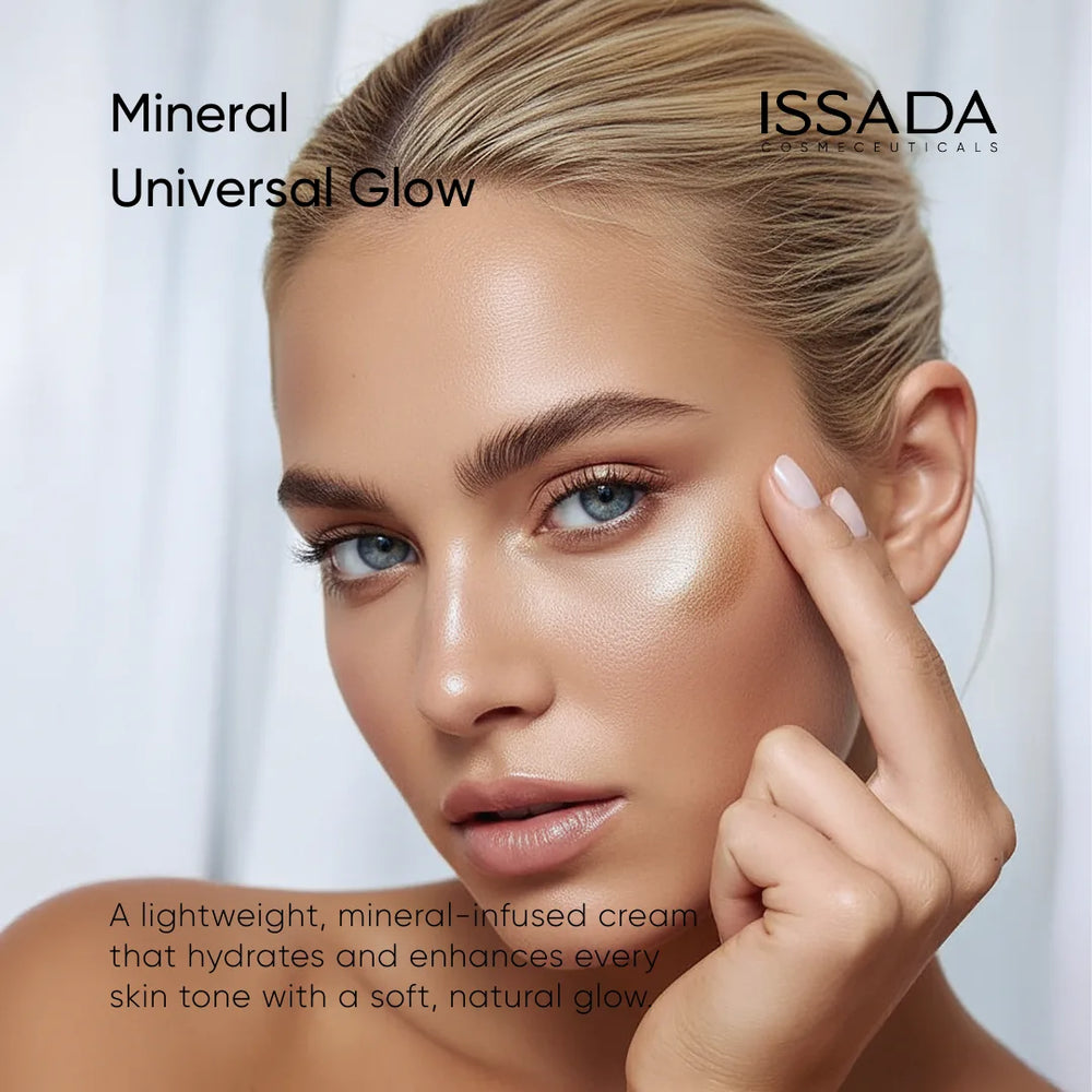 ISSADA Mineral Universal Glow illuminating cream applied on cheek highlighting radiant hydrated skin