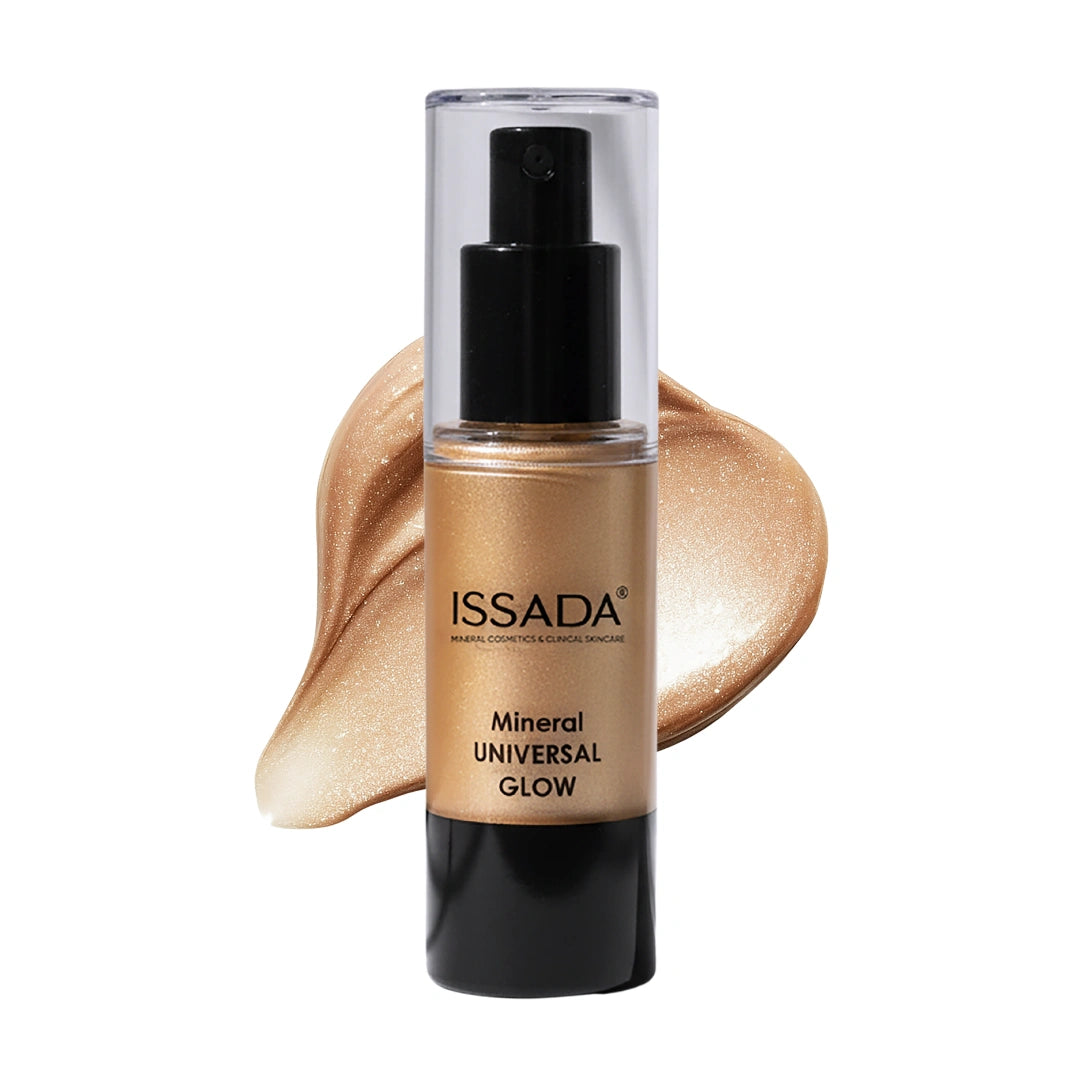 ISSADA Mineral Universal Glow illuminating cream bottle with golden luminous texture swatch