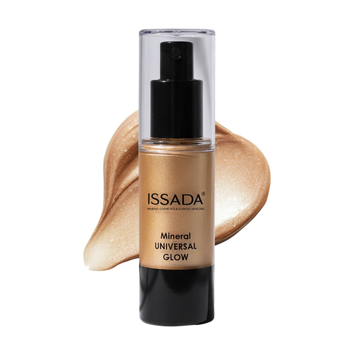 ISSADA Mineral Universal Glow illuminating cream bottle with golden luminous texture swatch