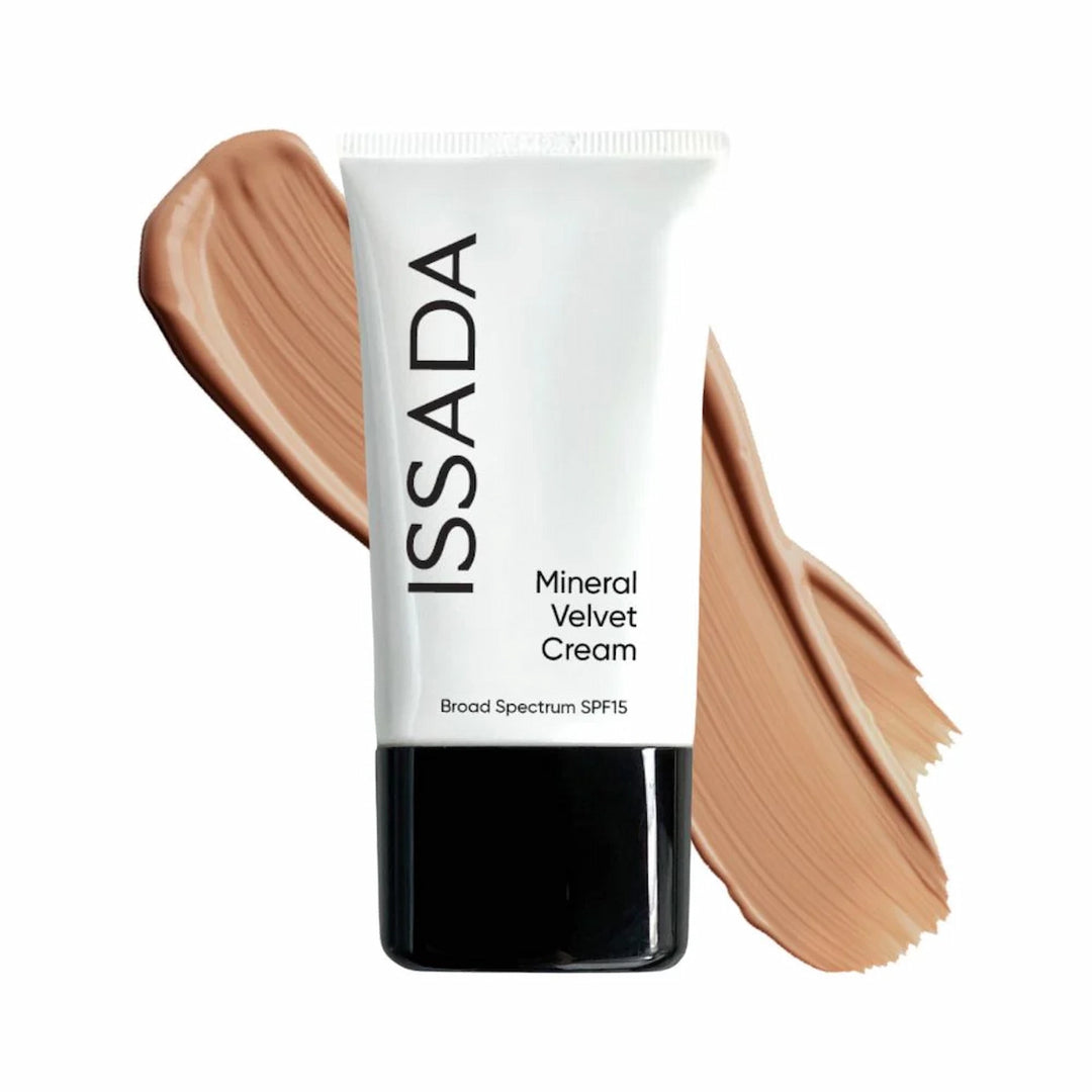 ISSADA Mineral Velvet Cream in barcelona shade with swatches on a white background