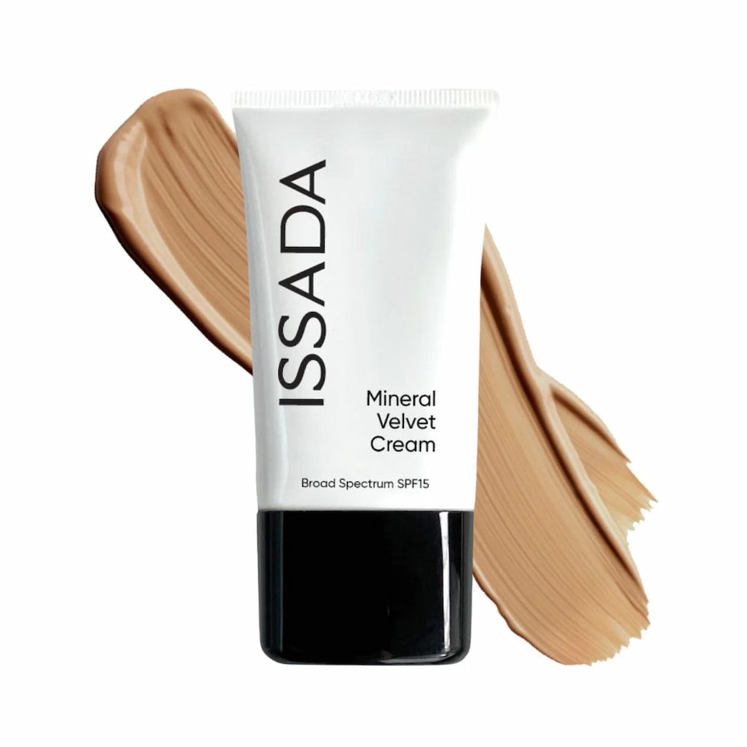 ISSADA Mineral Velvet Cream in cairo shade with swatches on a white background