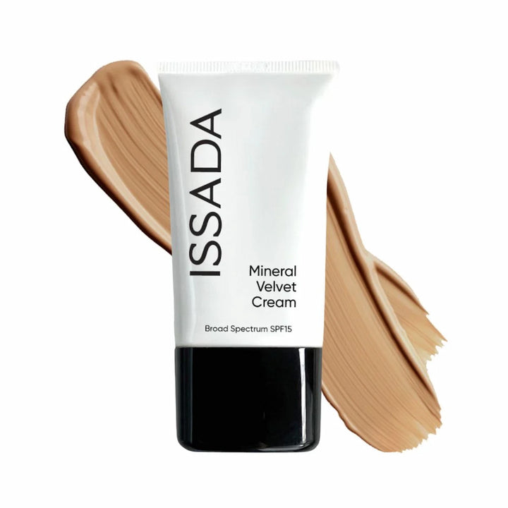 ISSADA Mineral Velvet Cream in cairo shade with swatches on a white background