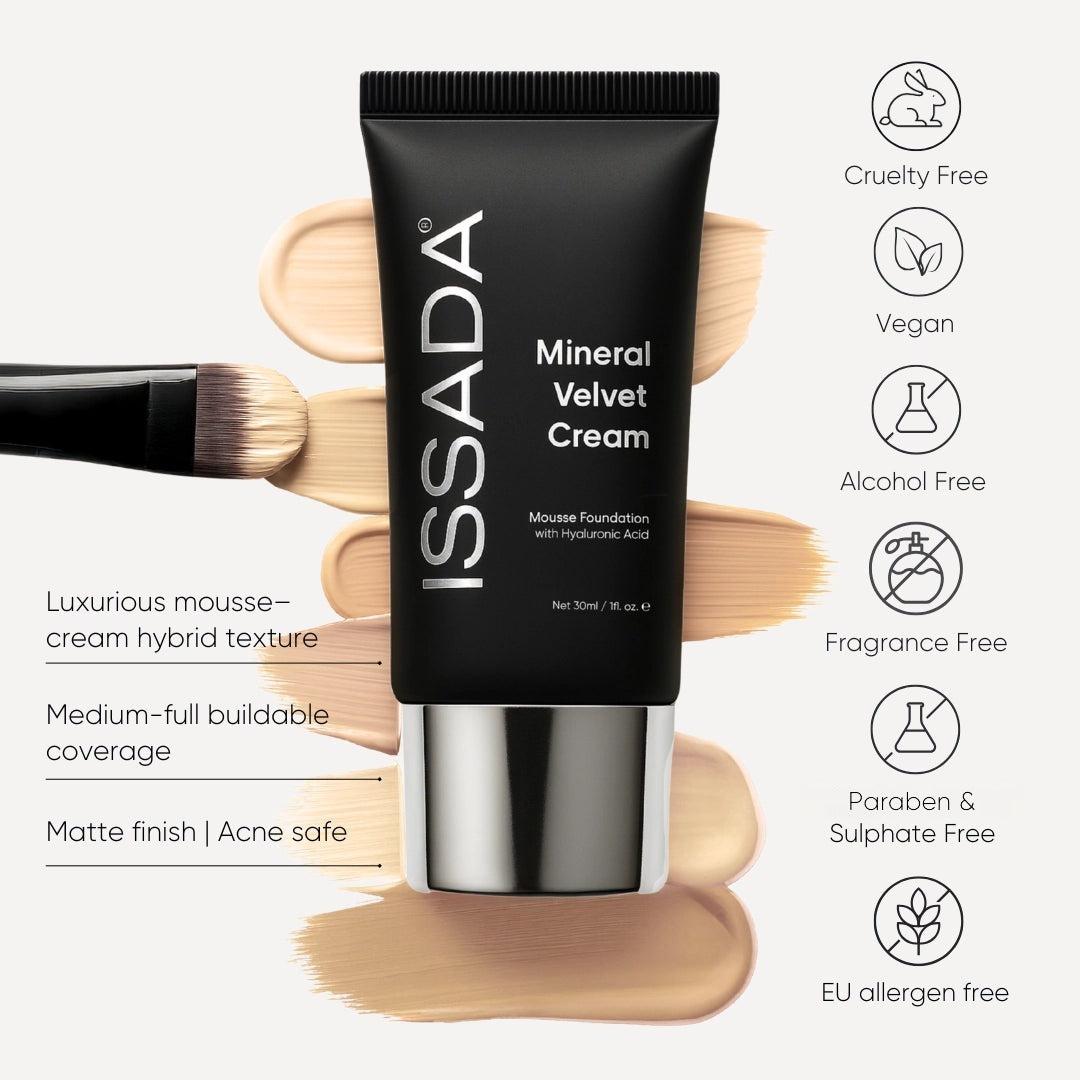 Issada Mineral Velvet Cream foundation with buildable coverage, matte finish and cruelty free vegan formula