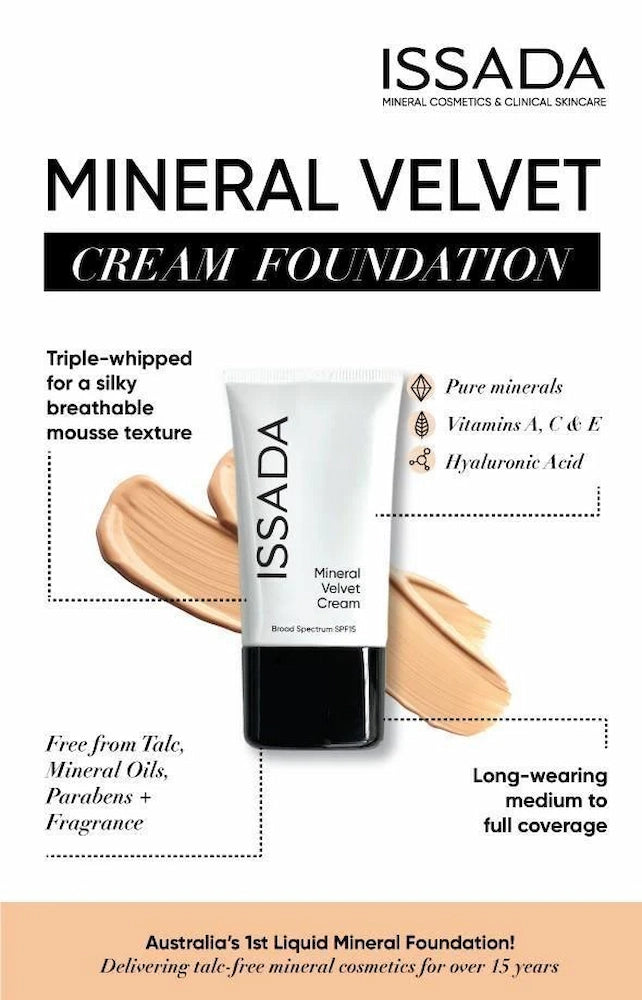 ISSADA Mineral Velvet Cream Foundation flyer with text highlighting features.
