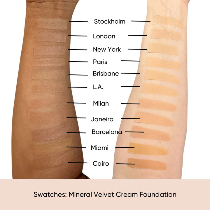 Swatches of Mineral Velvet Cream Foundation on a arm with labeled locations.