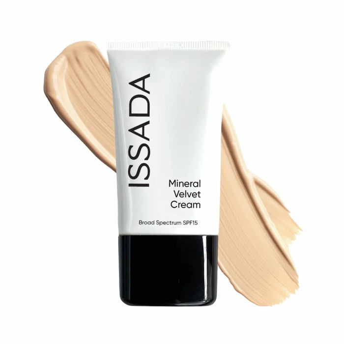 ISSADA Mineral Velvet Cream tube with swatches on a white background