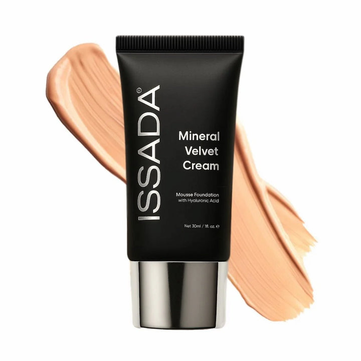 ISSADA Mineral Velvet Cream in milan shade with swatches on a white background