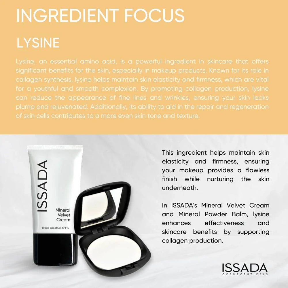 ISSADA Mineral Velvet Cream and Powder Balm with text about lysine's benefits in skincare.