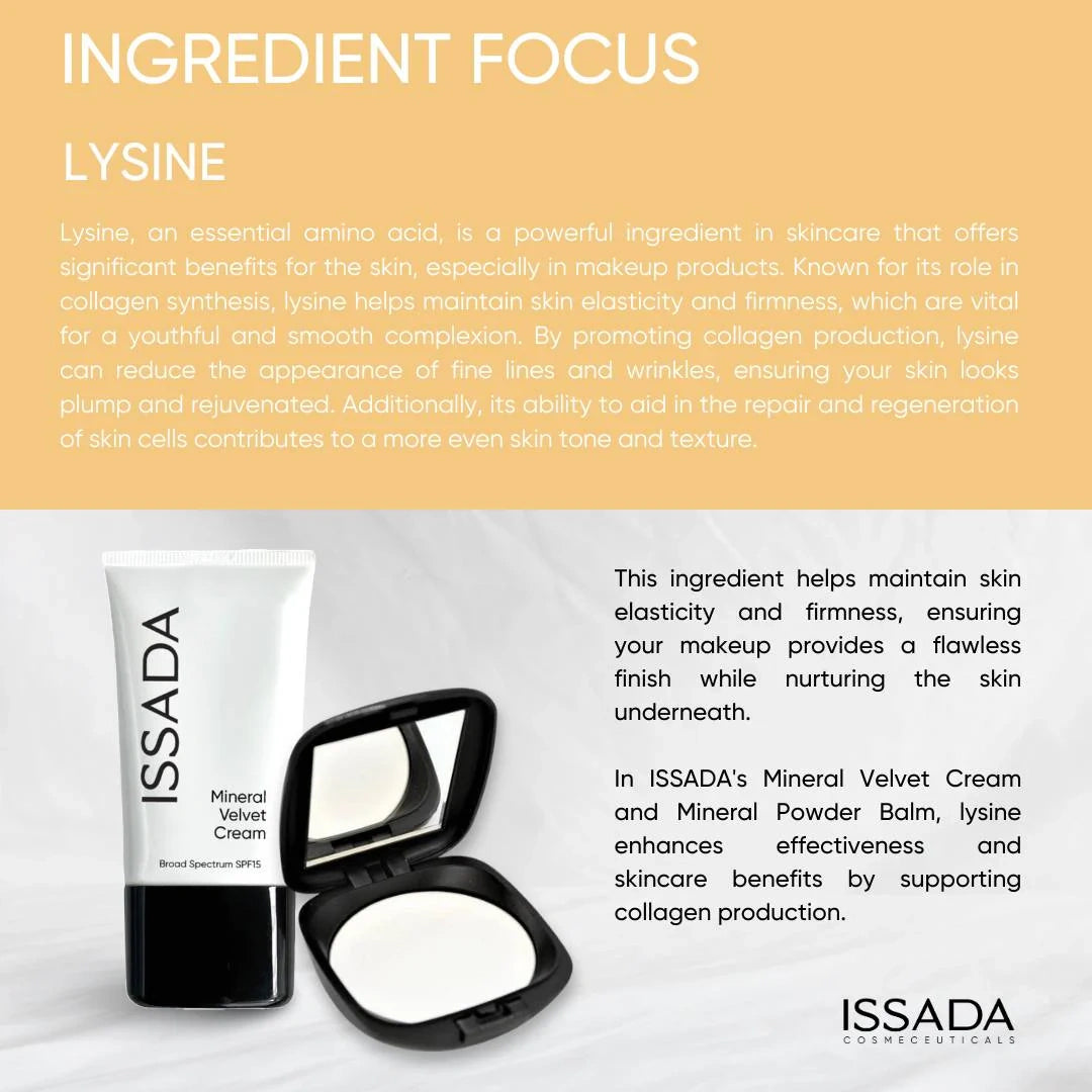 ISSADA Mineral Velvet Cream and Powder Balm with text about lysine's benefits in skincare.