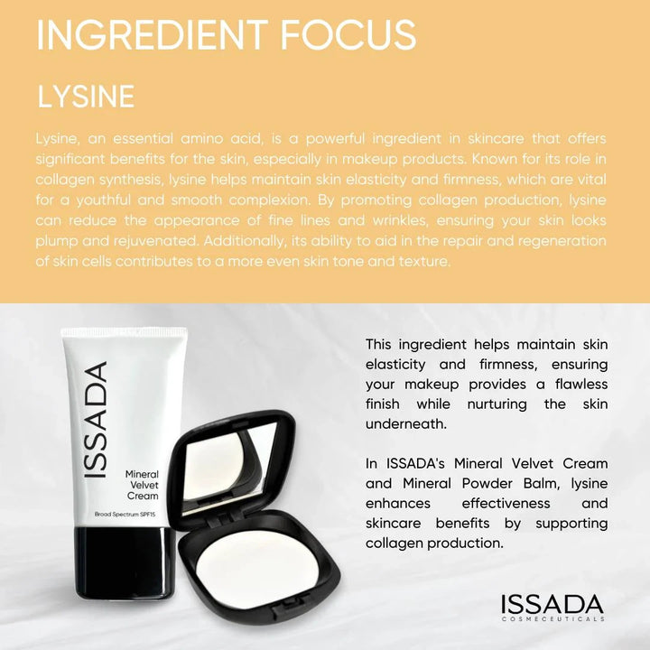 ISSADA Mineral Velvet Cream and Powder Balm with text about lysine's benefits in skincare.