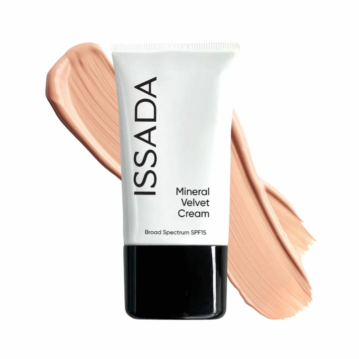 ISSADA Mineral Velvet Cream in Rio De Janeiro shade with a swatch on a white background