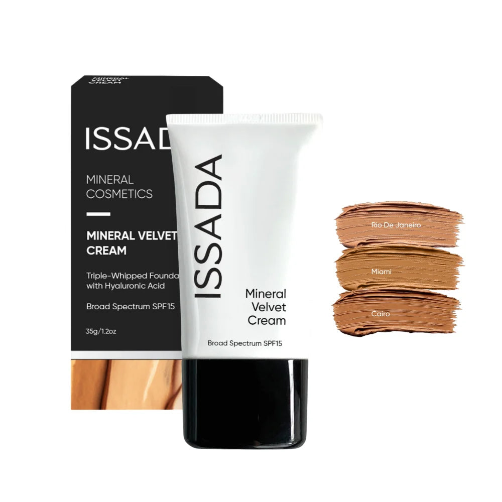 ISSADA Mineral Velvet Cream shade guide showing Rio De Janeiro, Miami and Cairo foundation shades with product packaging