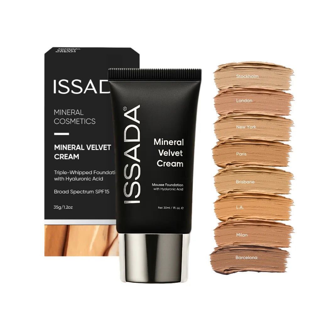 ISSADA Mineral Velvet Cream shade guide showing Stockholm, London, New York, Paris, Brisbane, L.A., Milan and Barcelona foundation shades with product packaging