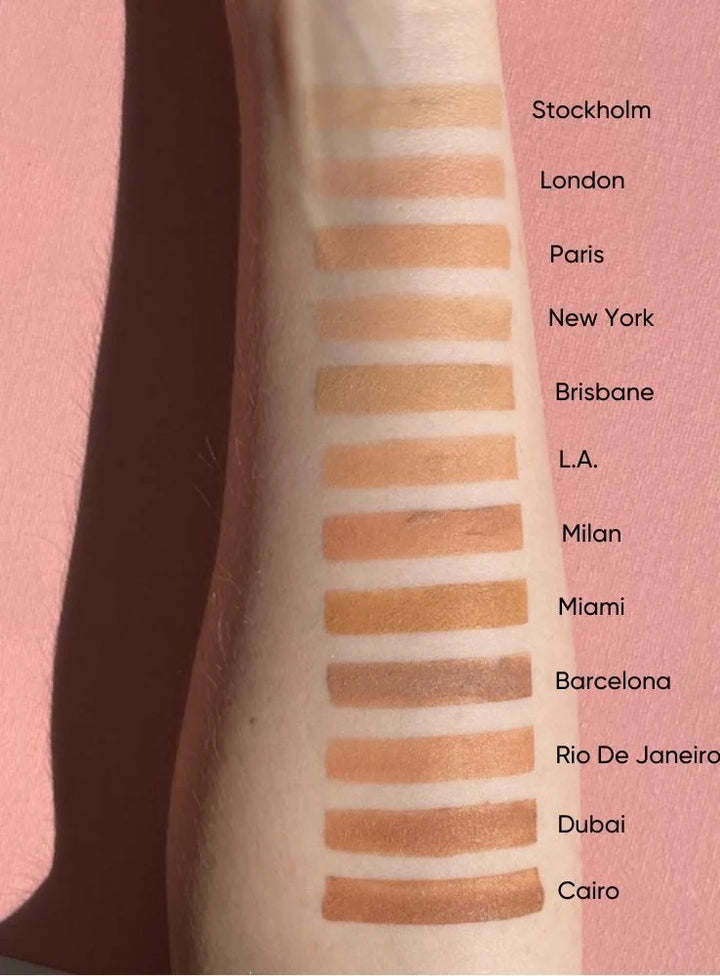 Color swatches on a person's arm with labeled locations on a pink background