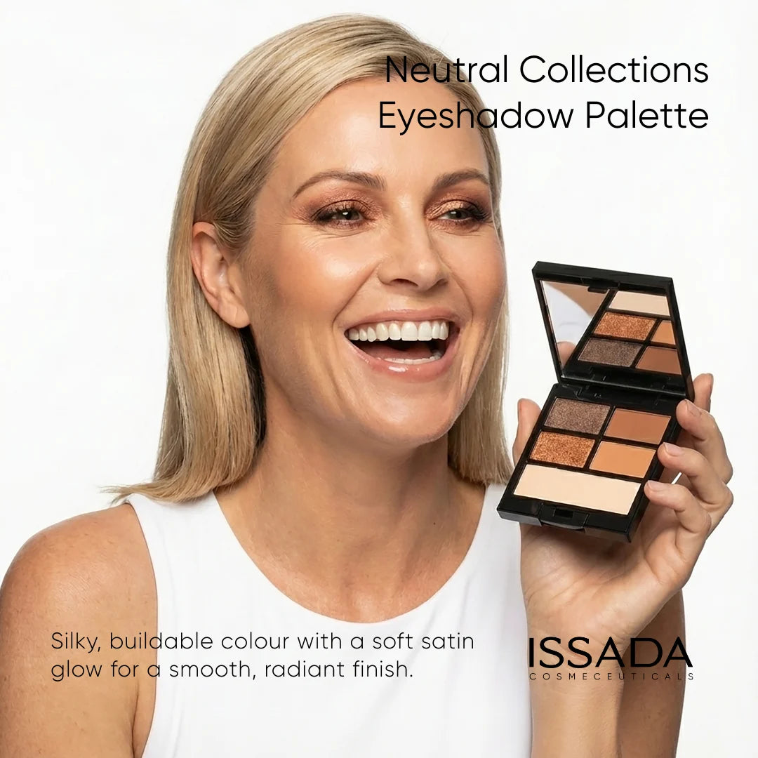 Model holding ISSADA Neutral Collections eyeshadow palette showing natural satin eye makeup finish