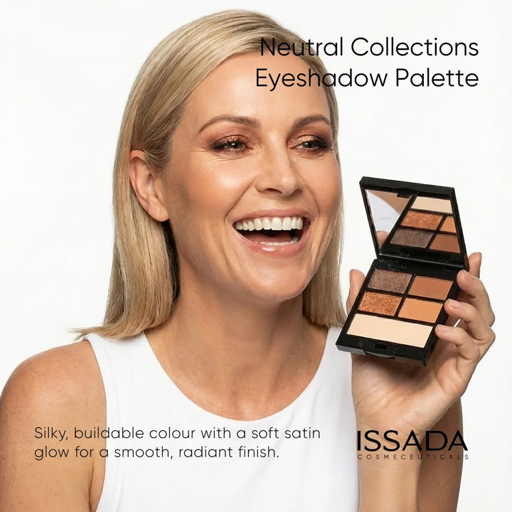 Model holding ISSADA Neutral Collections eyeshadow palette showing natural satin eye makeup finish