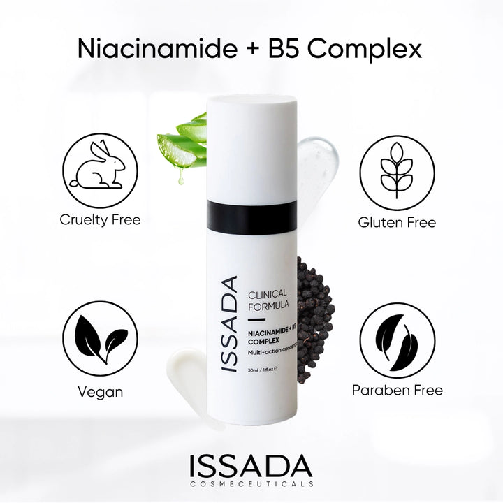 Issada Niacinamide + B5 Complex infographic showing product benefits including cruelty free, vegan, gluten free, and paraben free, with the Clinical Formula serum bottle featured alongside aloe and pepper berry elements.