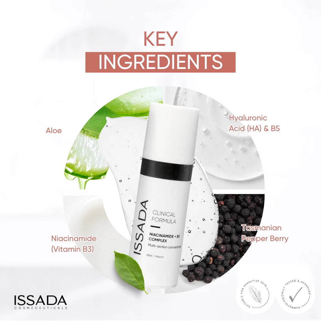 Issada Niacinamide + B5 Complex key ingredients infographic featuring Niacinamide (Vitamin B3), Hyaluronic Acid & B5, Aloe, and Tasmanian Pepper Berry around the product bottle.
