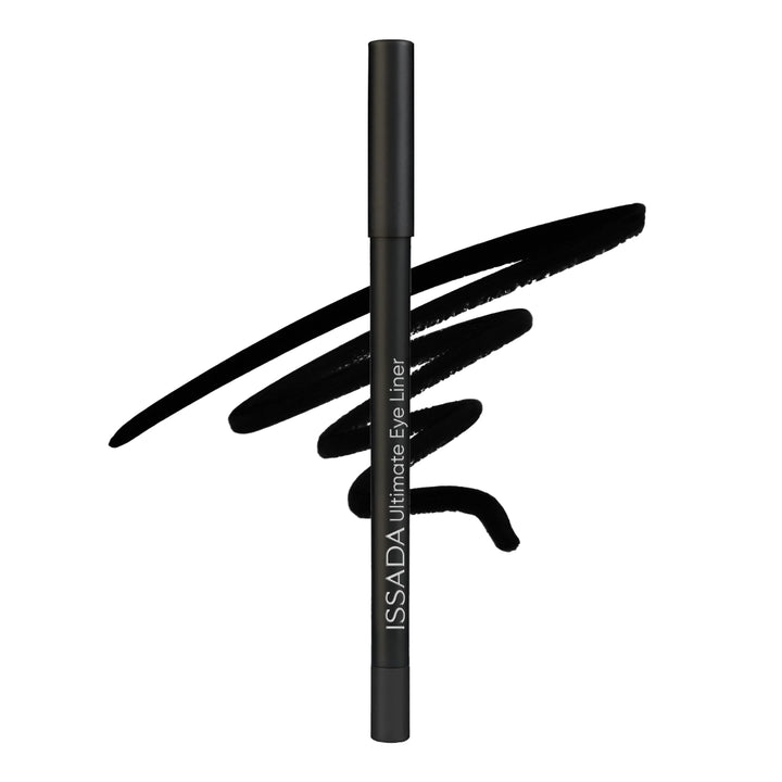 Issada Ultimate Eye Liner in Ninja, a classic black eyeliner pencil shown with a bold, jet-black swatch behind it.