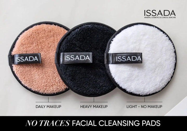 ISSADA No Traces facial cleansing pads in beige, black, and white, designed for daily makeup, heavy makeup, and light or no makeup.