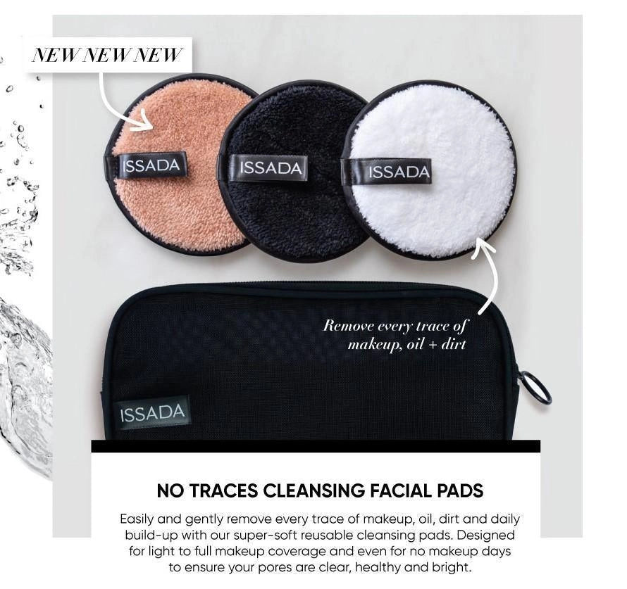 ISSADA No Traces reusable cleansing facial pads in peach, black, and white with travel bag, removes makeup, oil, and dirt.