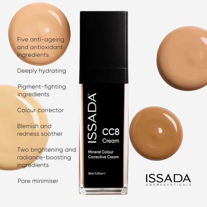 Issada CC8 Cream Nordic Snow features and key benefits — colour corrective foundation with anti-ageing, hydrating, and pore-minimising properties
