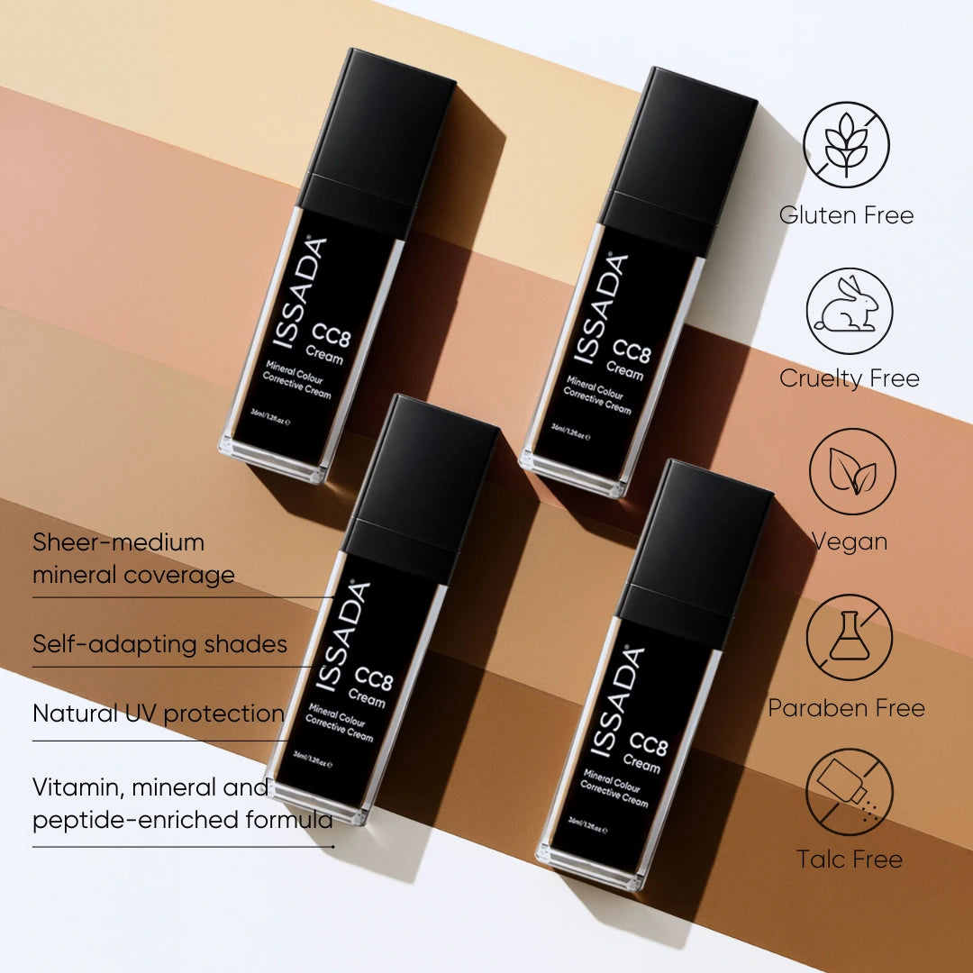 Issada CC8 Cream Nordic Snow product range displayed on gradient background with gluten free, cruelty free, vegan, paraben free, and talc free icons