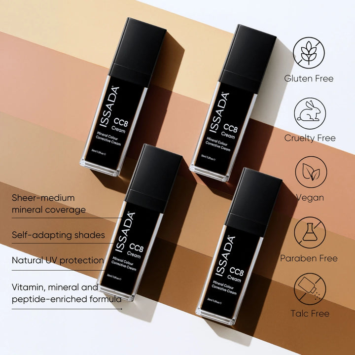 Issada CC8 Cream Nordic Snow product range displayed on gradient background with gluten free, cruelty free, vegan, paraben free, and talc free icons