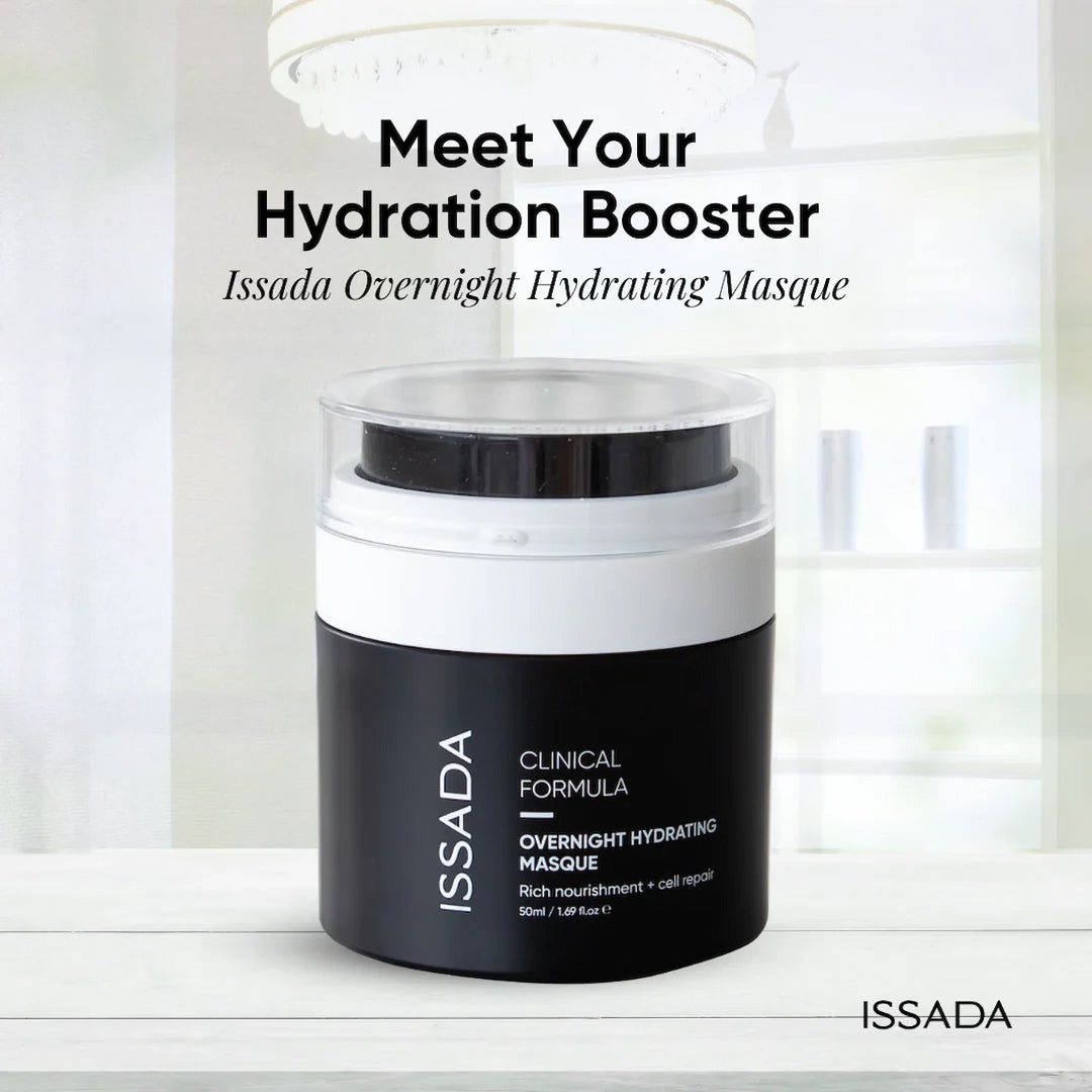 ISSADA Overnight Hydrating Masque jar on display, designed to boost hydration, nourish skin, and support overnight repair.