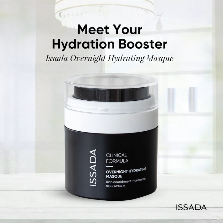ISSADA Overnight Hydrating Masque jar on display, designed to boost hydration, nourish skin, and support overnight repair.