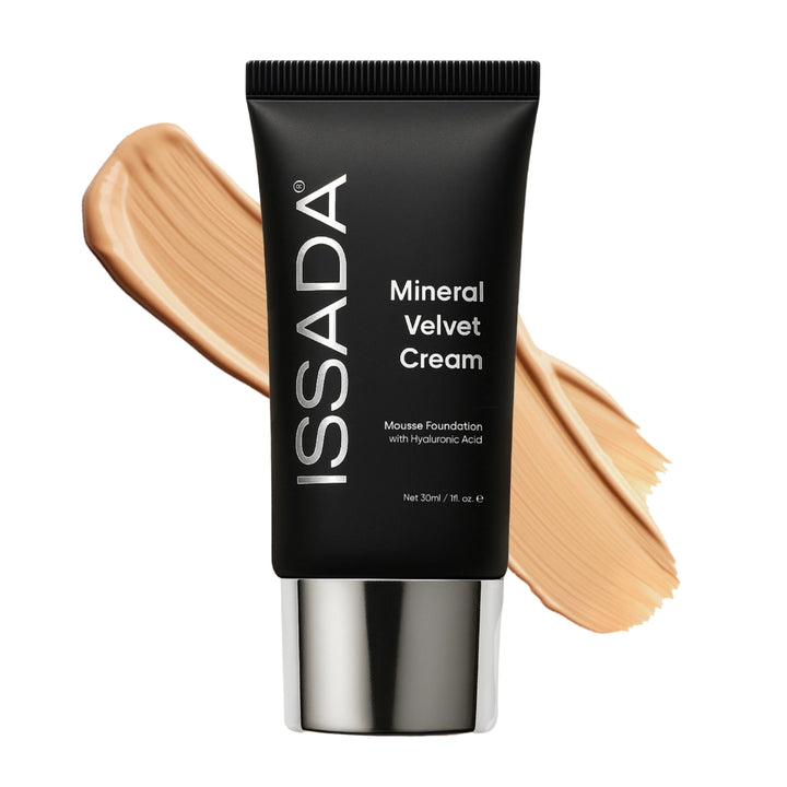 Issada Mineral Velvet Cream foundation in Paris shade with warm beige swatch