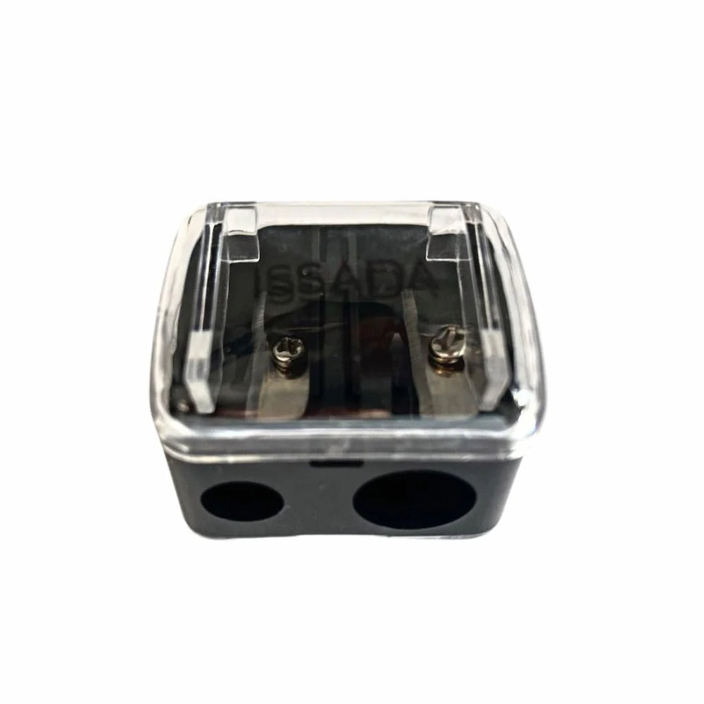 Front view of ISSADA dual hole precision sharpener with clear cover for eye and lip pencils