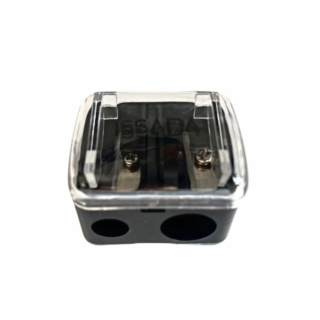 Front view of ISSADA dual hole precision sharpener with clear cover for eye and lip pencils