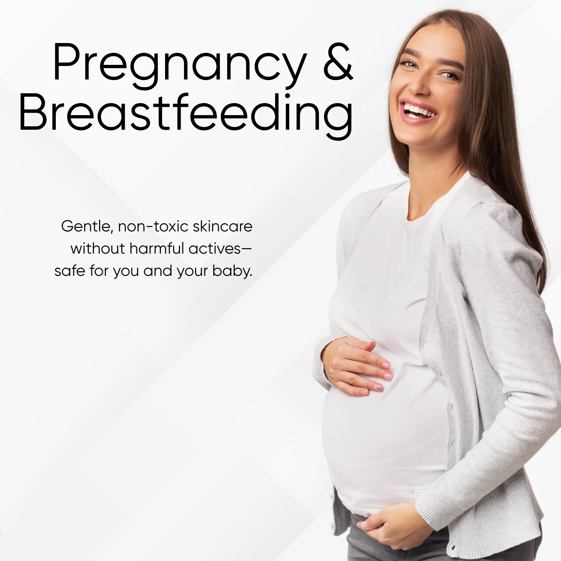 Pregnant woman wearing a light gray cardigan with text about pregnancy and breastfeeding skincare.