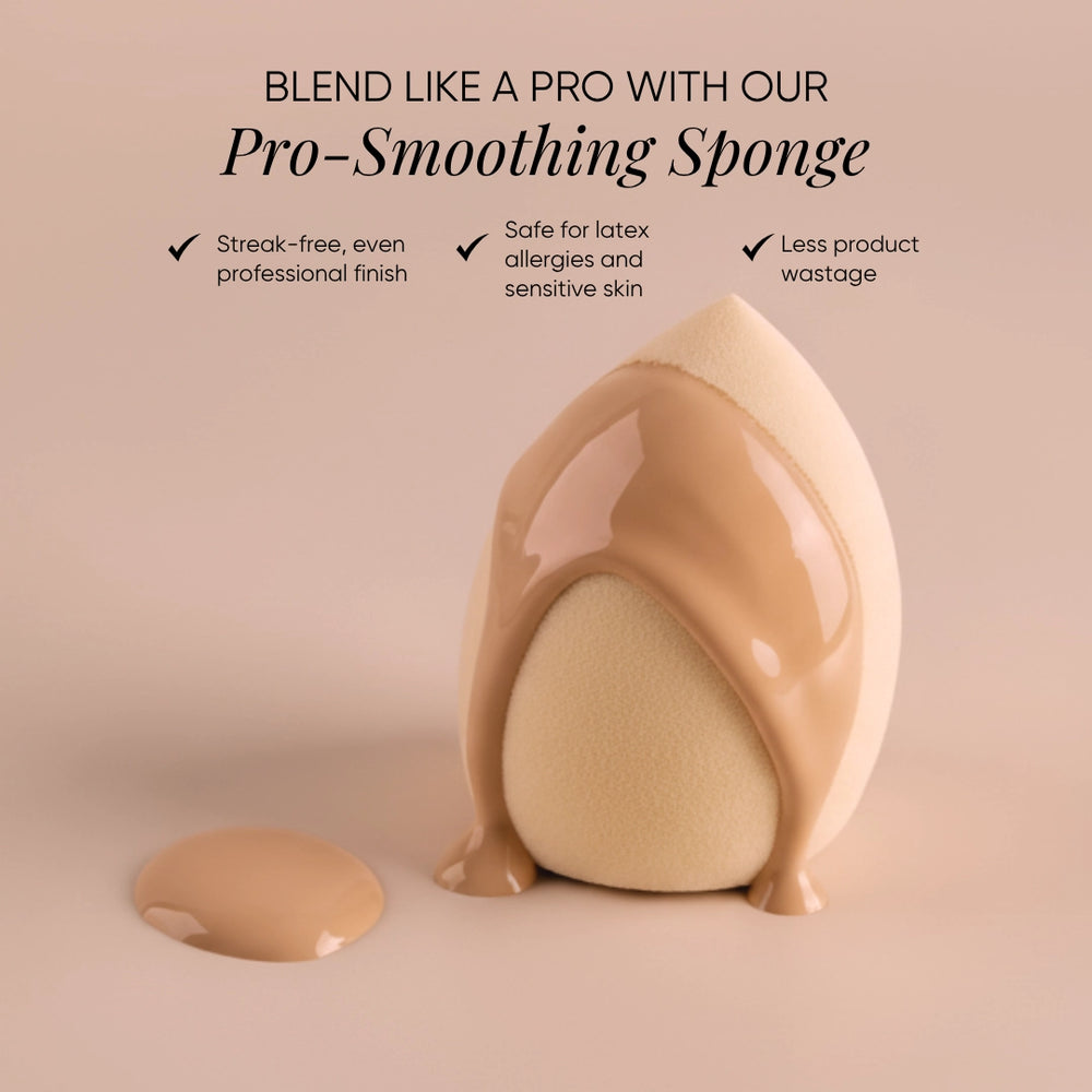 ISSADA latex-free Pro-Smoothing Sponge covered in liquid foundation showing smooth, streak-free blending
