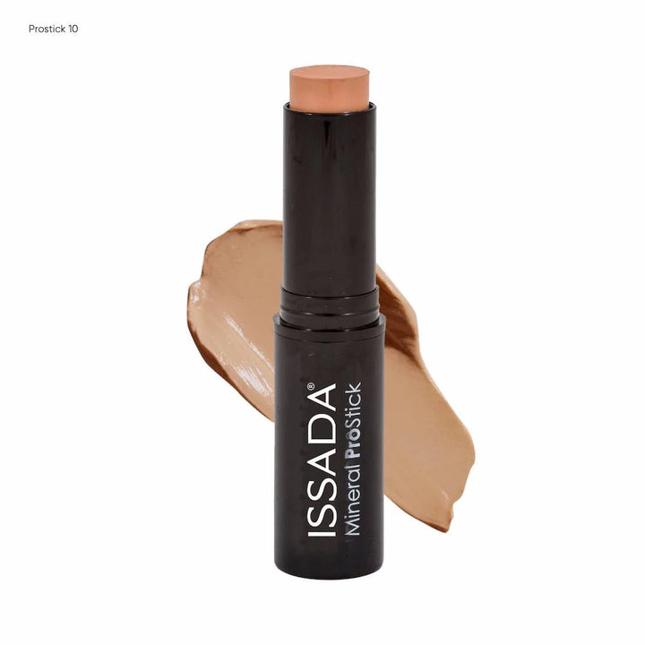 ISSADA Mineral ProStick 10 golden tan for medium-deep skin with warm undertones on a white background