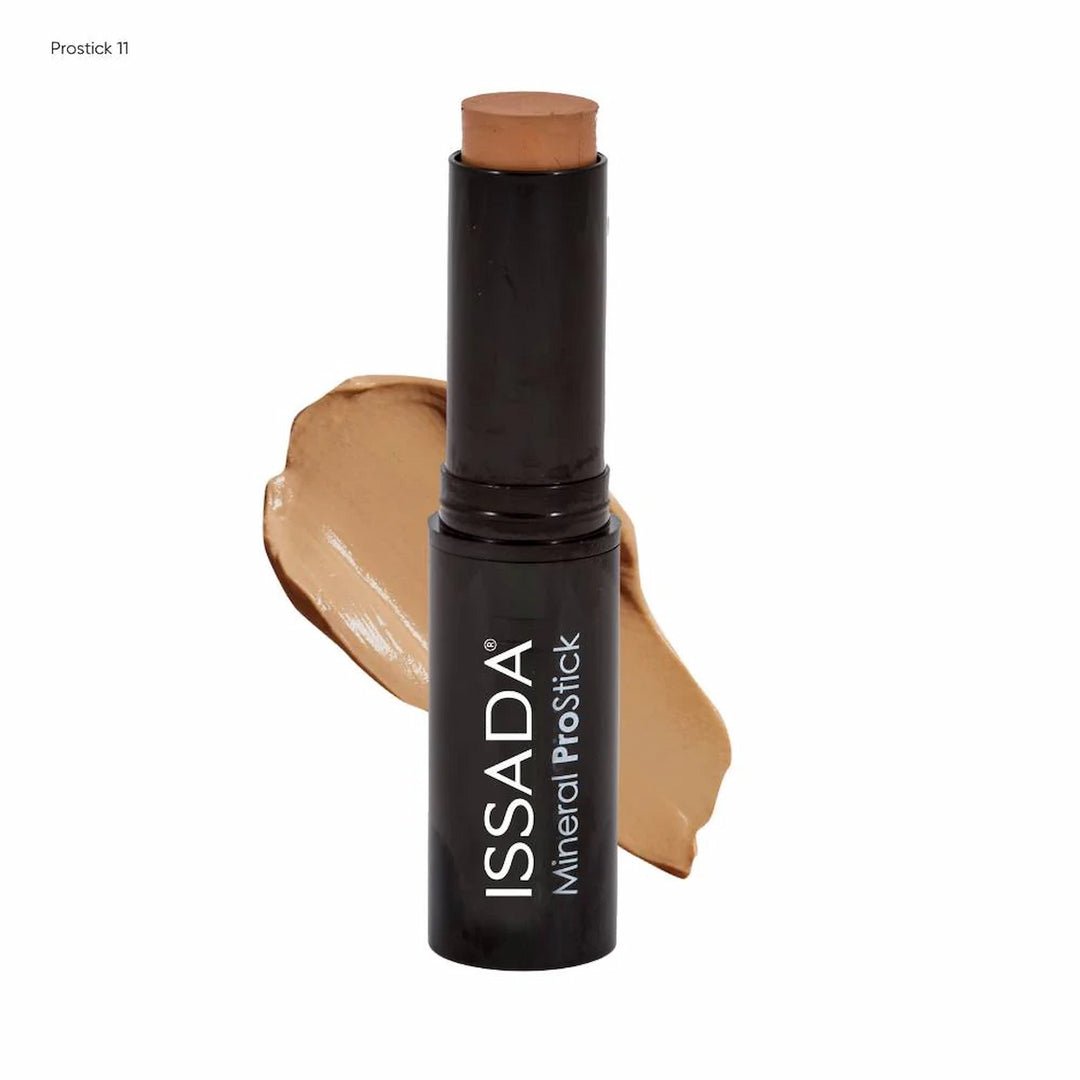Issada Mineral ProStick 11 deep golden for tan to deep skin with warm undertones on a white background