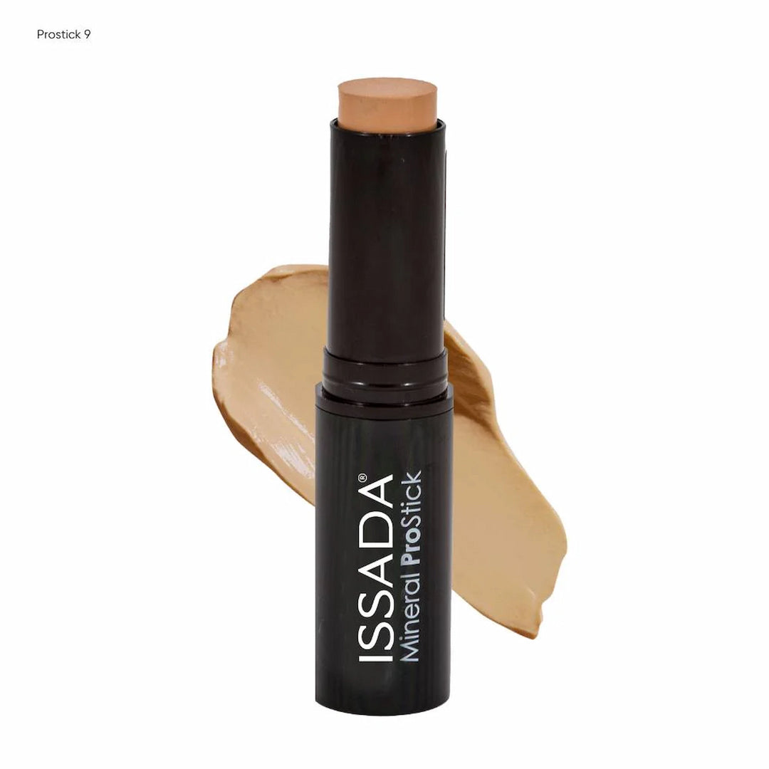 ISSADA Mineral ProStick 9 warm honey cream foundation stick for tan to medium-deep skin tones on a white background