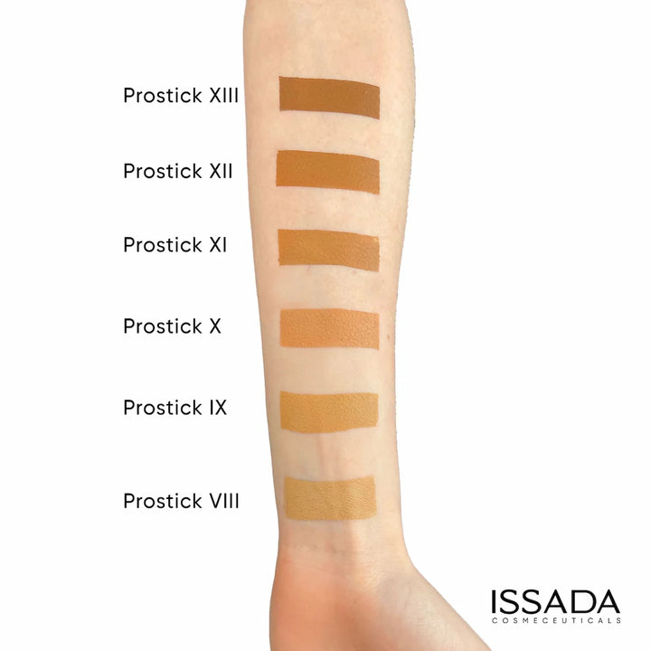 Swatch comparison of ISSADA Mineral Prostick shades on a person's arm