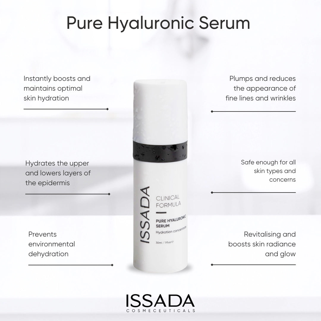 Issada Clinical Formula Pure Hyaluronic Serum bottle highlighting skincare benefits such as deep hydration, wrinkle reduction, and enhanced skin radiance for all skin types.