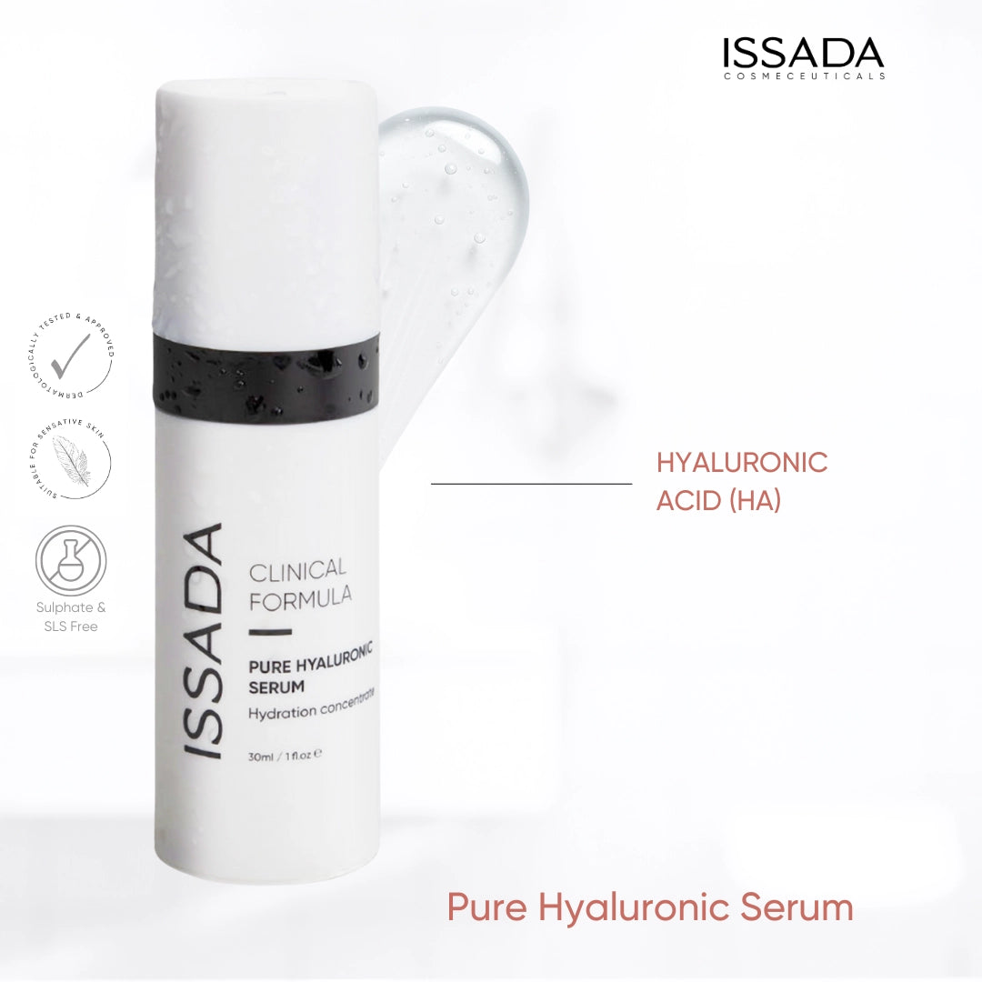 Issada Clinical Formula Pure Hyaluronic Serum bottle with clear gel texture and minimalist icons, highlighting Hyaluronic Acid (HA) as the main hydrating ingredient.