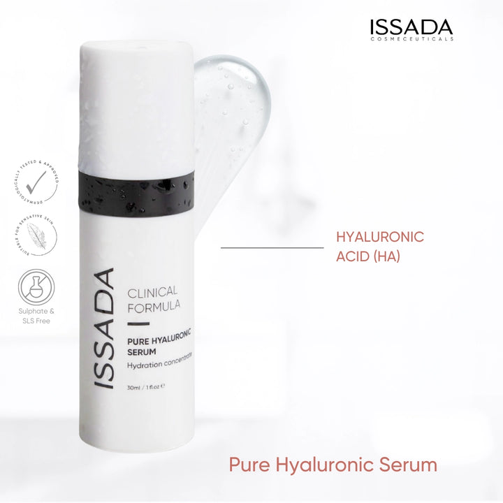 Issada Clinical Formula Pure Hyaluronic Serum bottle with clear gel texture and minimalist icons, highlighting Hyaluronic Acid (HA) as the main hydrating ingredient.