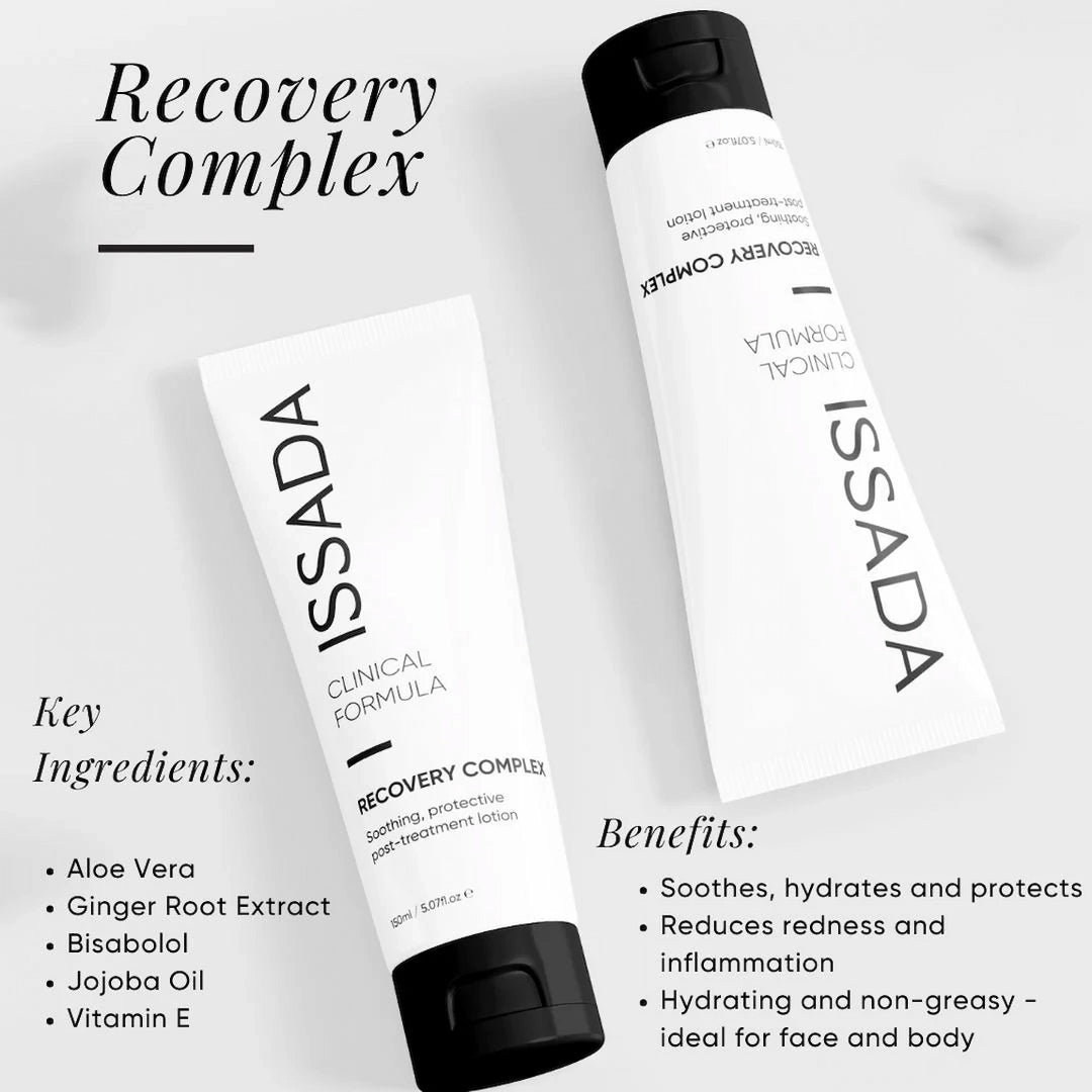 Issada Recovery Complex soothing lotion showing key ingredients and benefits on a white background