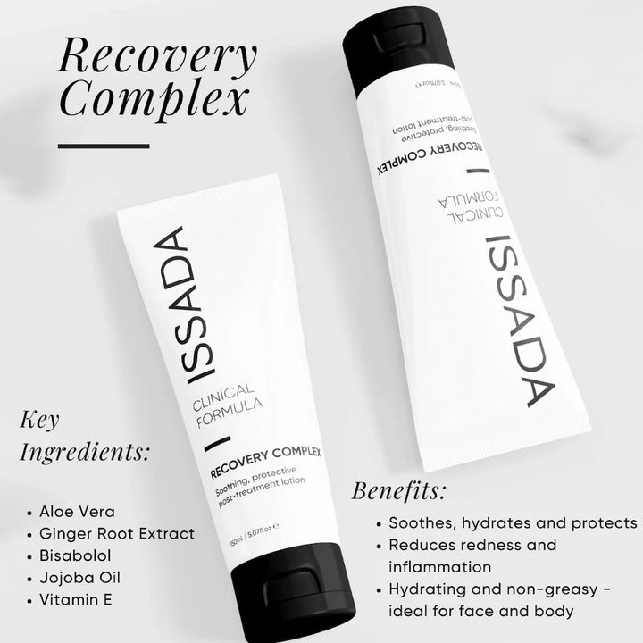 Issada Recovery Complex soothing lotion showing key ingredients and benefits on a white background