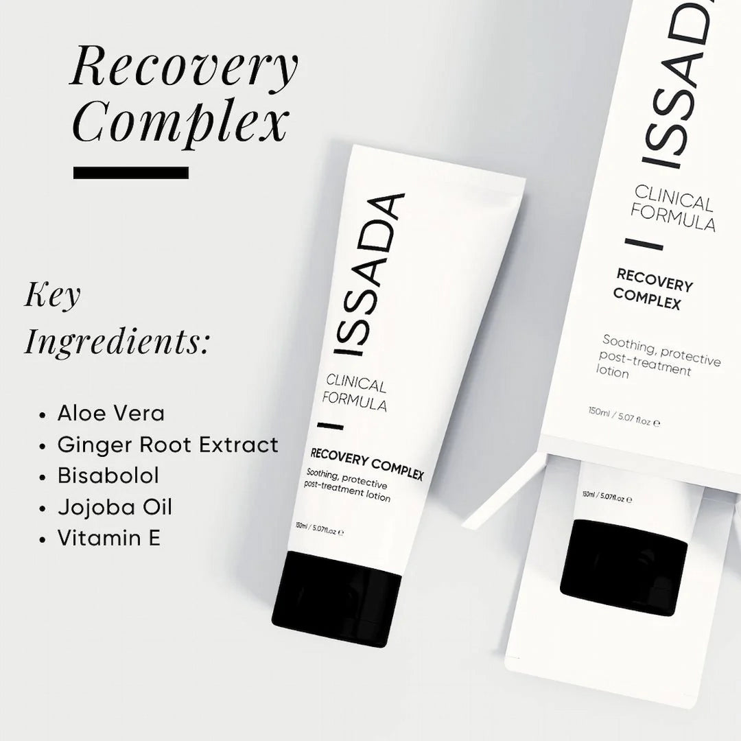 ISSADA Recovery Complex soothing lotion tube with packaging and key ingredients