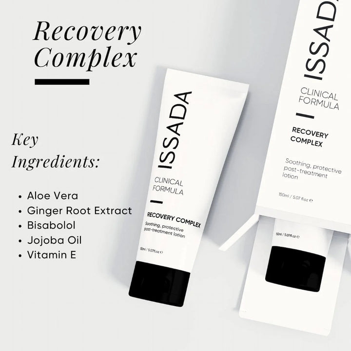 ISSADA Recovery Complex soothing lotion tube with packaging and key ingredients